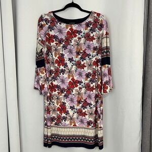 Enfocus Petite Women's Sz 10P Floral Boho Bell Sleeve Shift Dress Purple Stretch